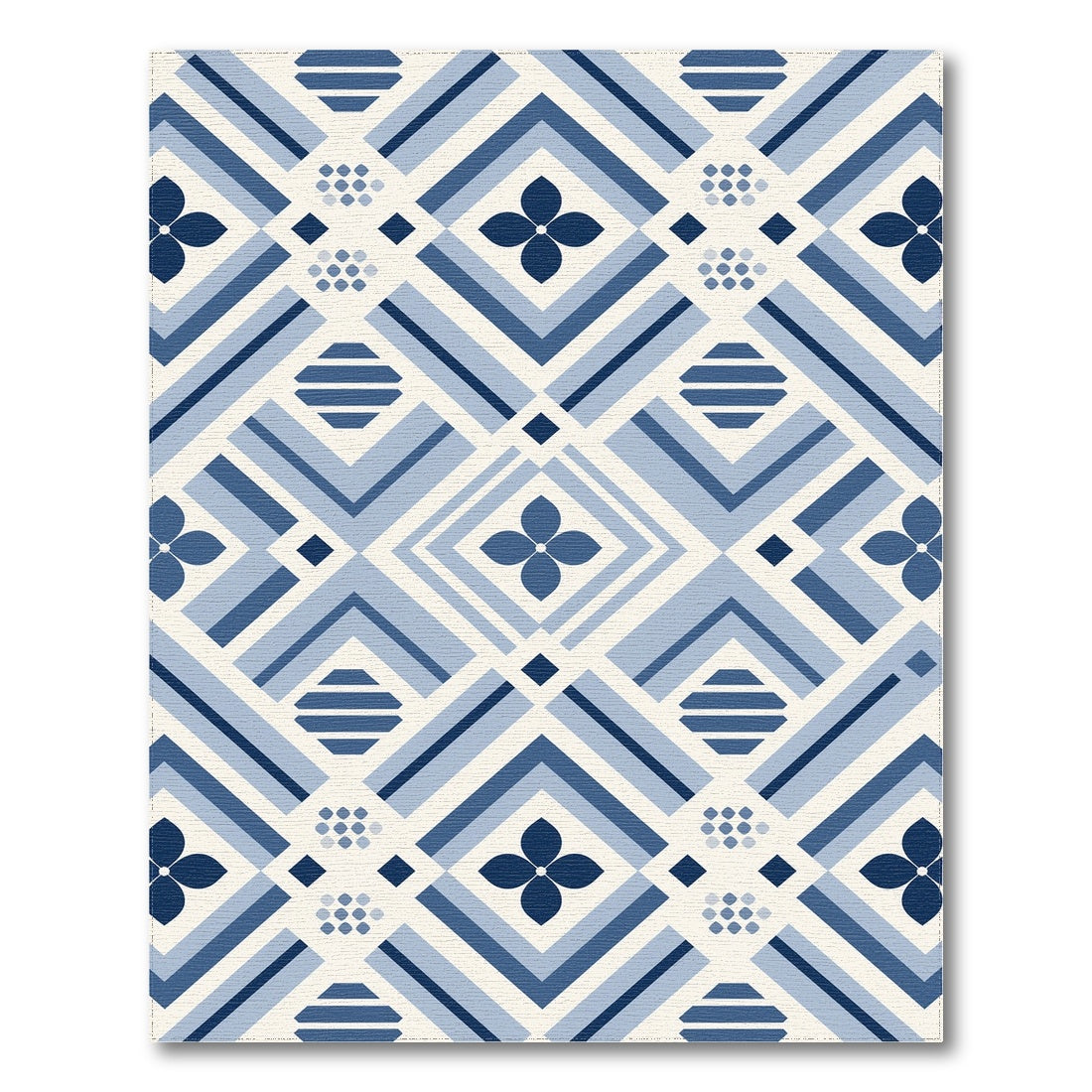 Blue Geometric Floral Washable Area Rug