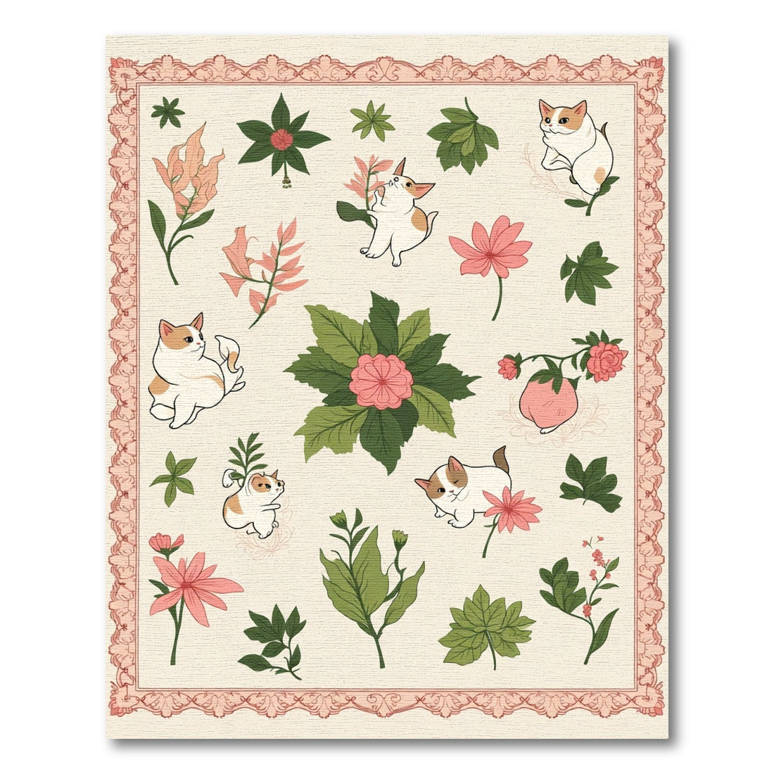 Playful Cats And Pink Floral Scatter Rug
