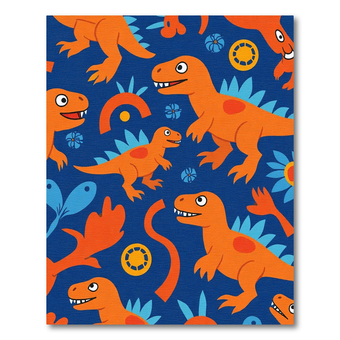 Whimsical Orange Dinosaur Blue Floral Rug