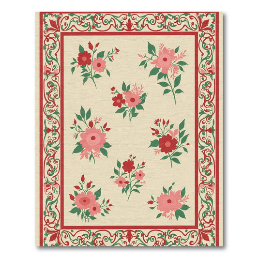 Crimson Floral Border with Pink and Red Blooms Rug