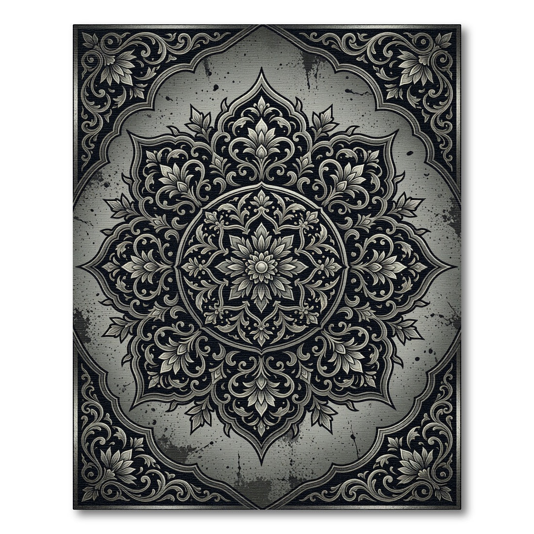 Ornate Silver Floral Mandala Rug
