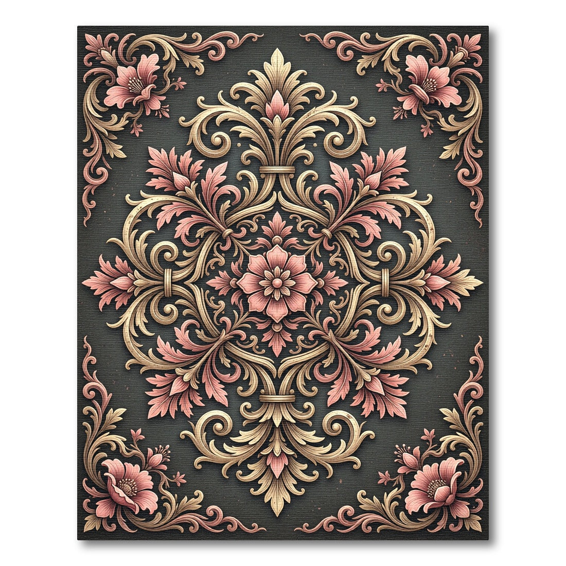 Ornate Pink Blossom Scrollwork Rug