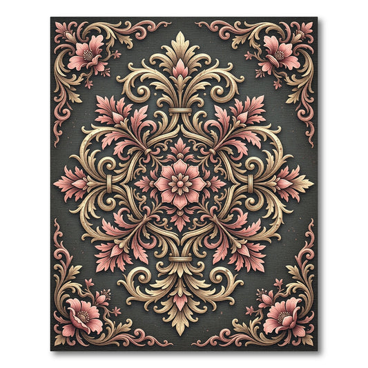 Ornate Pink Blossom Scrollwork Rug