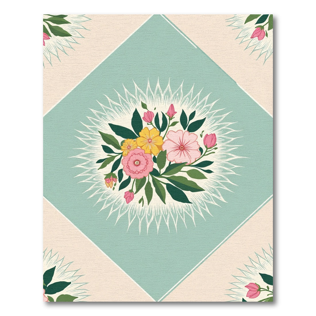 Soft Teal Pink Yellow Floral Medallion Rug