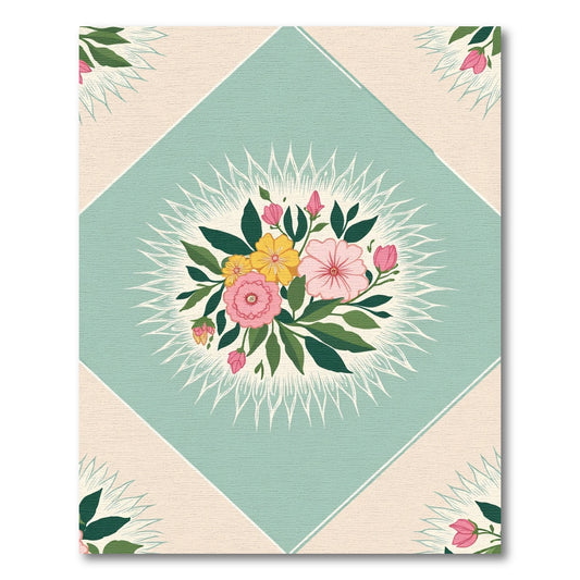 Soft Teal Pink Yellow Floral Medallion Rug