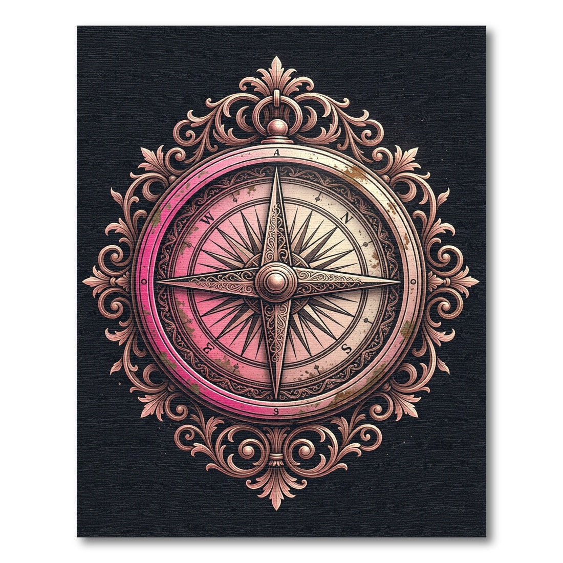 Ornate Pink Compass Rose Emblem Rug