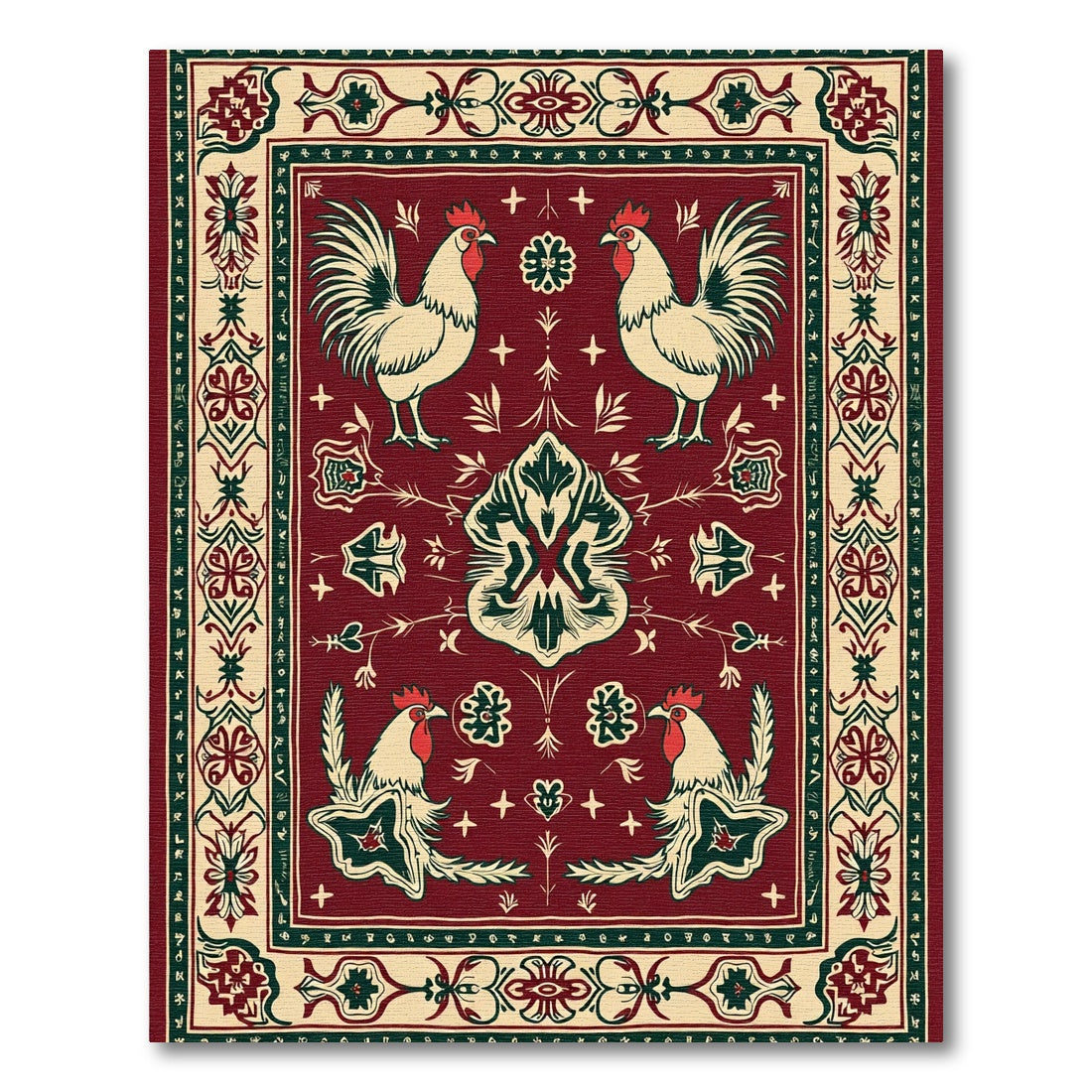 Crimson Rooster Folk Art Rug
