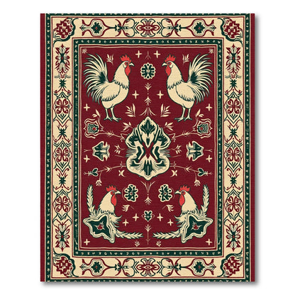 Crimson Rooster Folk Art Rug
