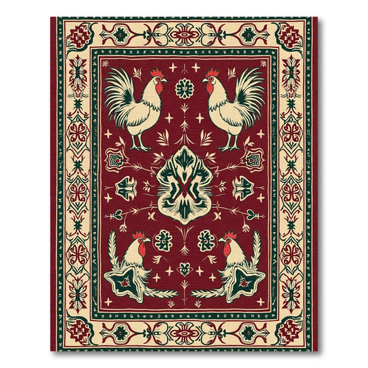 Crimson Rooster Folk Art Rug
