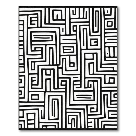 Black White Abstract Line Labyrinth Rug