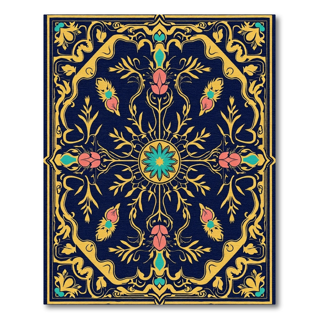 Indigo Rose Botanical Scroll Rug