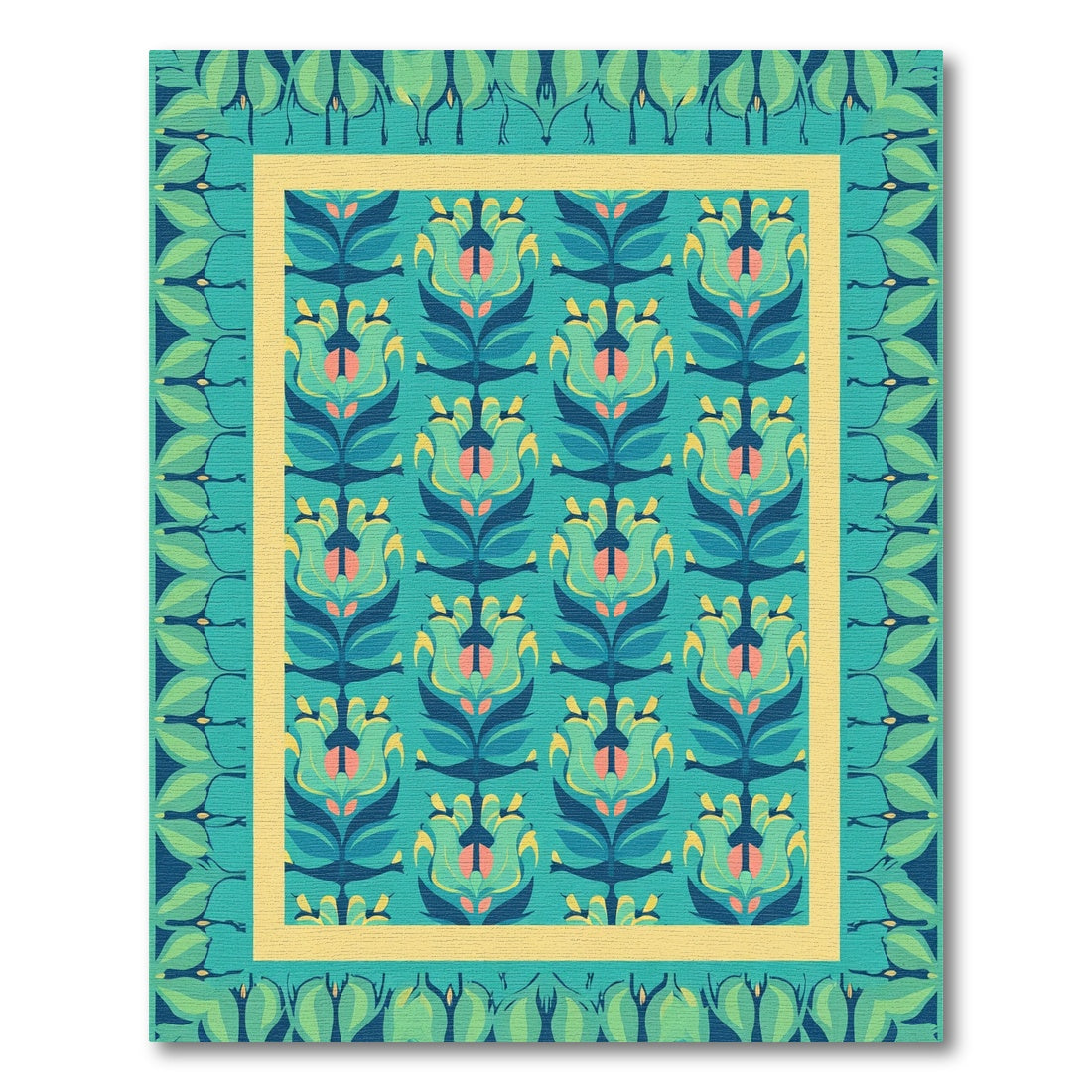 Teal Teal Floral Medallion Border Rug