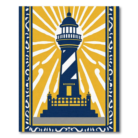 Bold Navy Blue Sunburst Lighthouse Rug