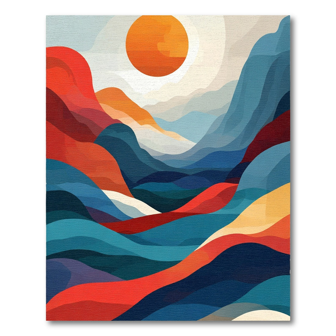 Vibrant Sun Over Abstract Mountain Waves Rug
