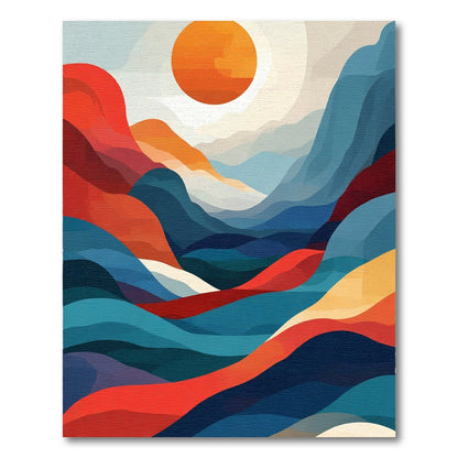 Vibrant Sun Over Abstract Mountain Waves Rug
