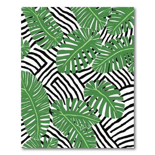 Tropical Green Monstera Leaves Zebra Stripe Rug