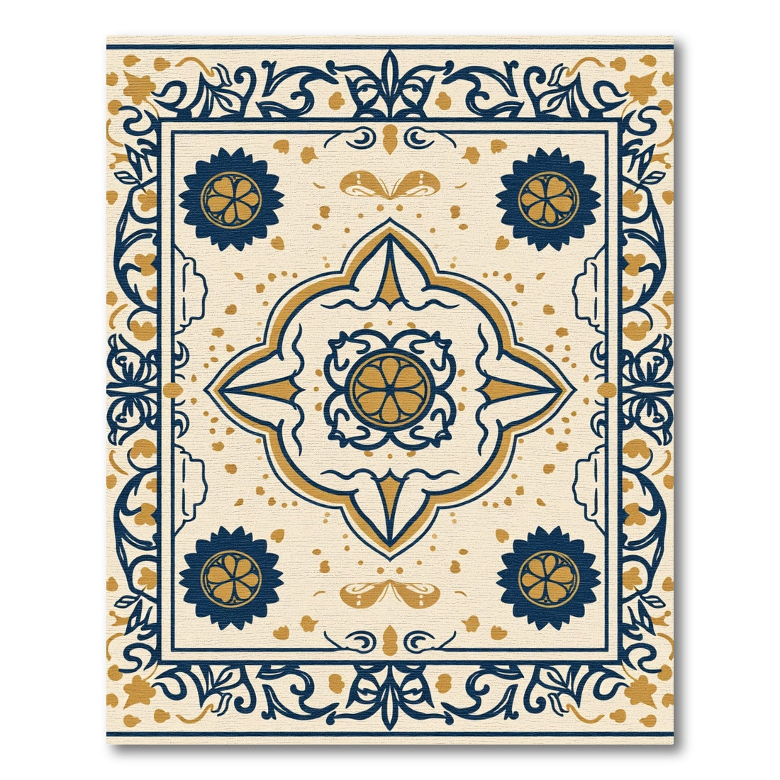 Navy Gold Quatrefoil Floral Border Rug