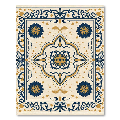 Navy Gold Quatrefoil Floral Border Rug