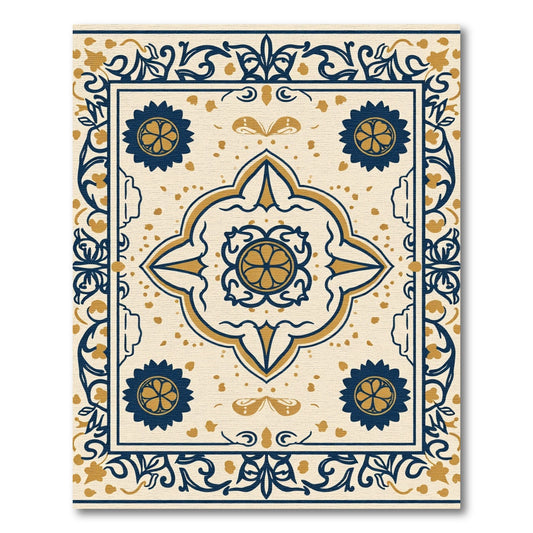 Navy Gold Quatrefoil Floral Border Rug