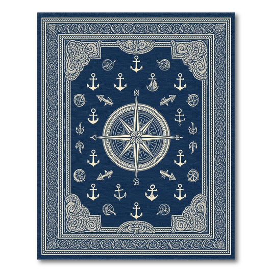 Navy Blue Nautical Compass Anchor Rug
