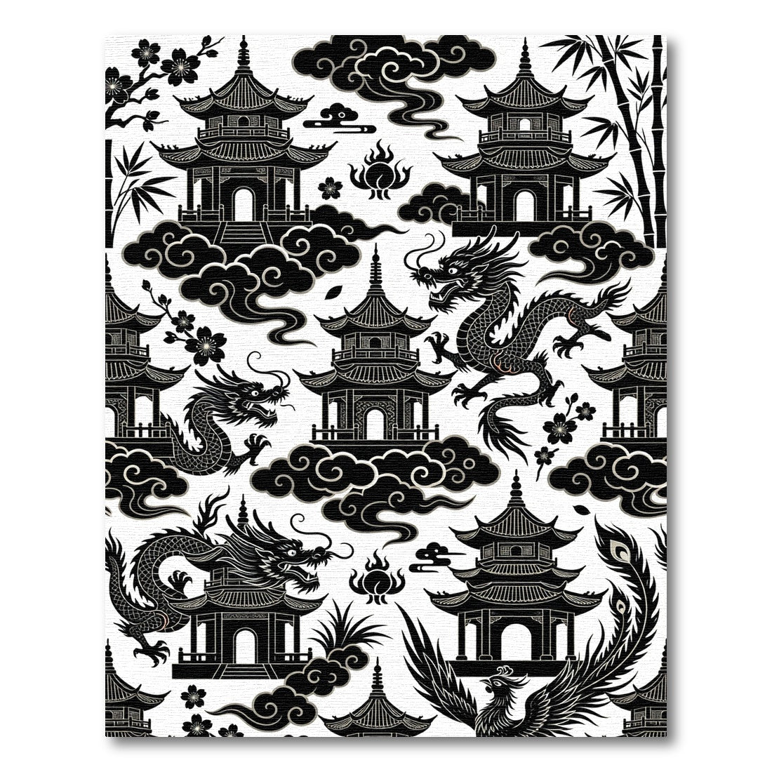 Black Chinese Pagoda Dragon Clouds Rug