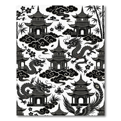 Black Chinese Pagoda Dragon Clouds Rug