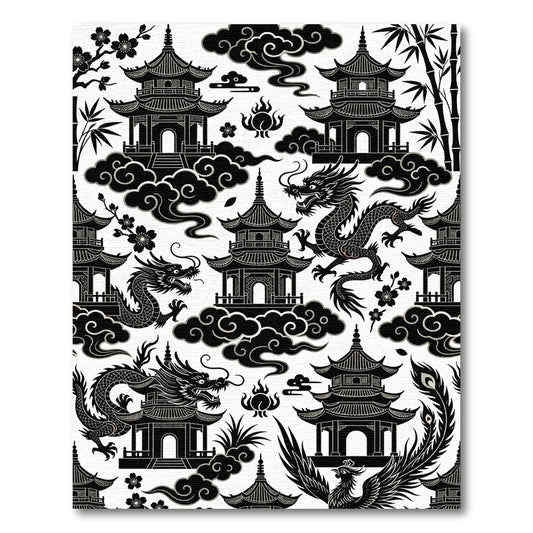 Black Chinese Pagoda Dragon Clouds Rug