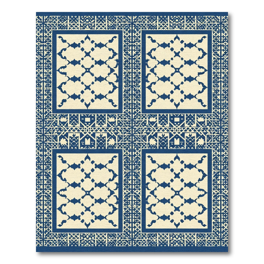 Blue Ivory Geometric Quatrefoil Panels Rug