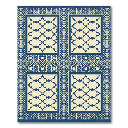 Blue Ivory Geometric Quatrefoil Panels Rug