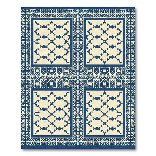 Blue Ivory Geometric Quatrefoil Panels Rug