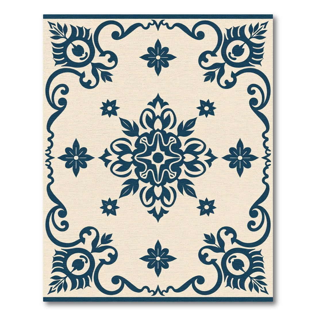 Navy Blue Floral Medallion Ivory Border Rug