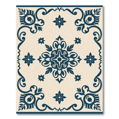 Navy Blue Floral Medallion Ivory Border Rug