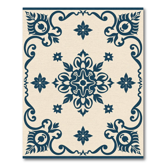 Navy Blue Floral Medallion Ivory Border Rug