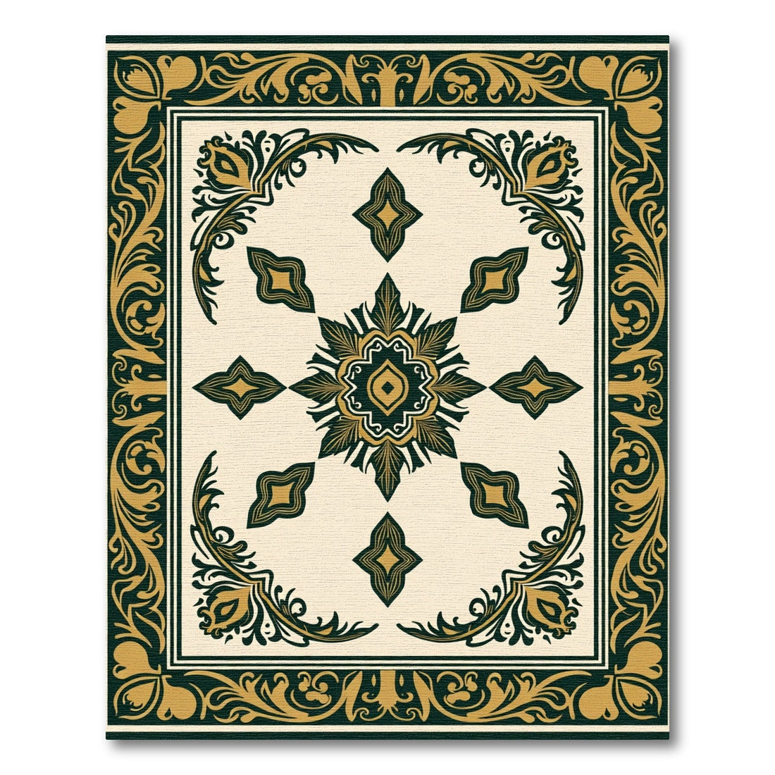 Gold Green Ornamental Floral Medallion Rug