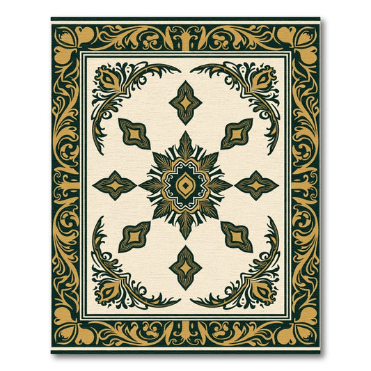 Gold Green Ornamental Floral Medallion Rug