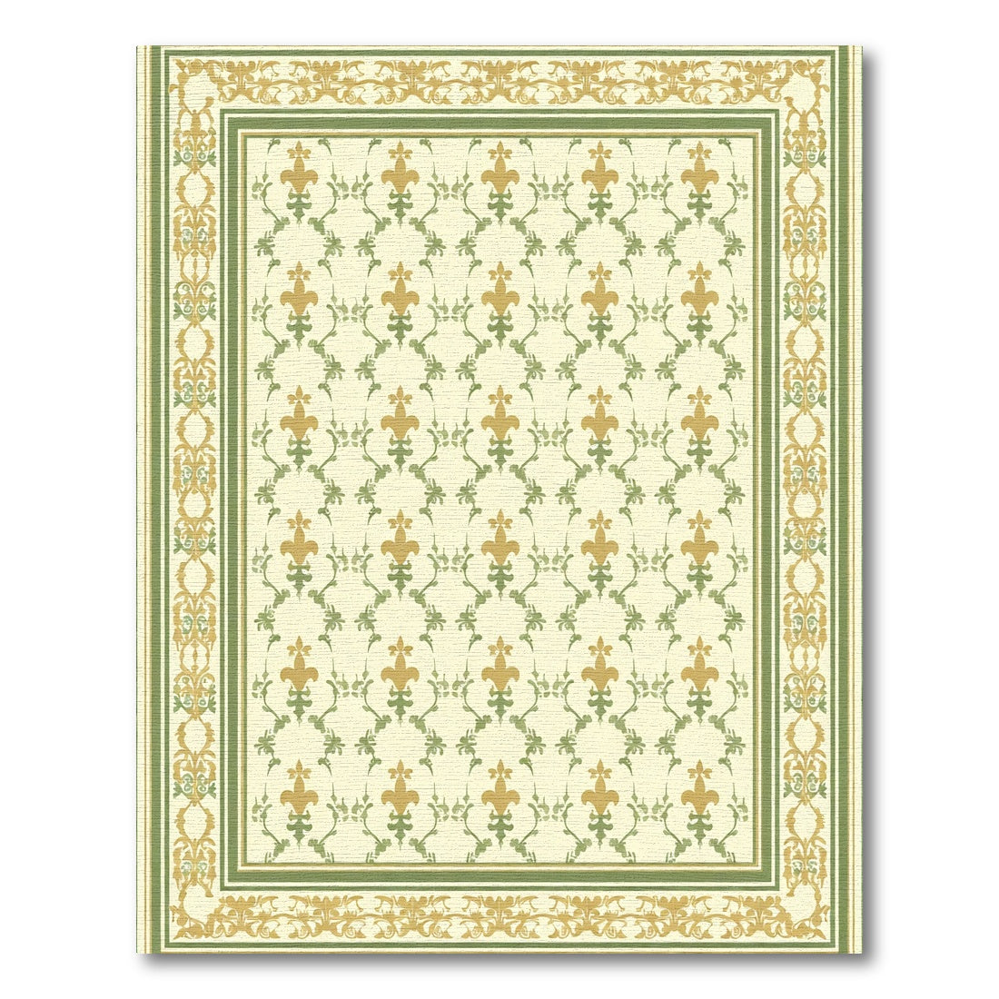 Gold Green Ornate Fleur-de-lis Scroll Rug