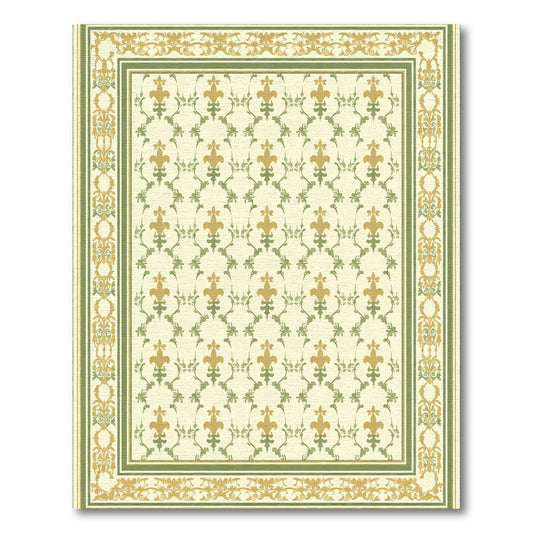 Gold Green Ornate Fleur-de-lis Scroll Rug