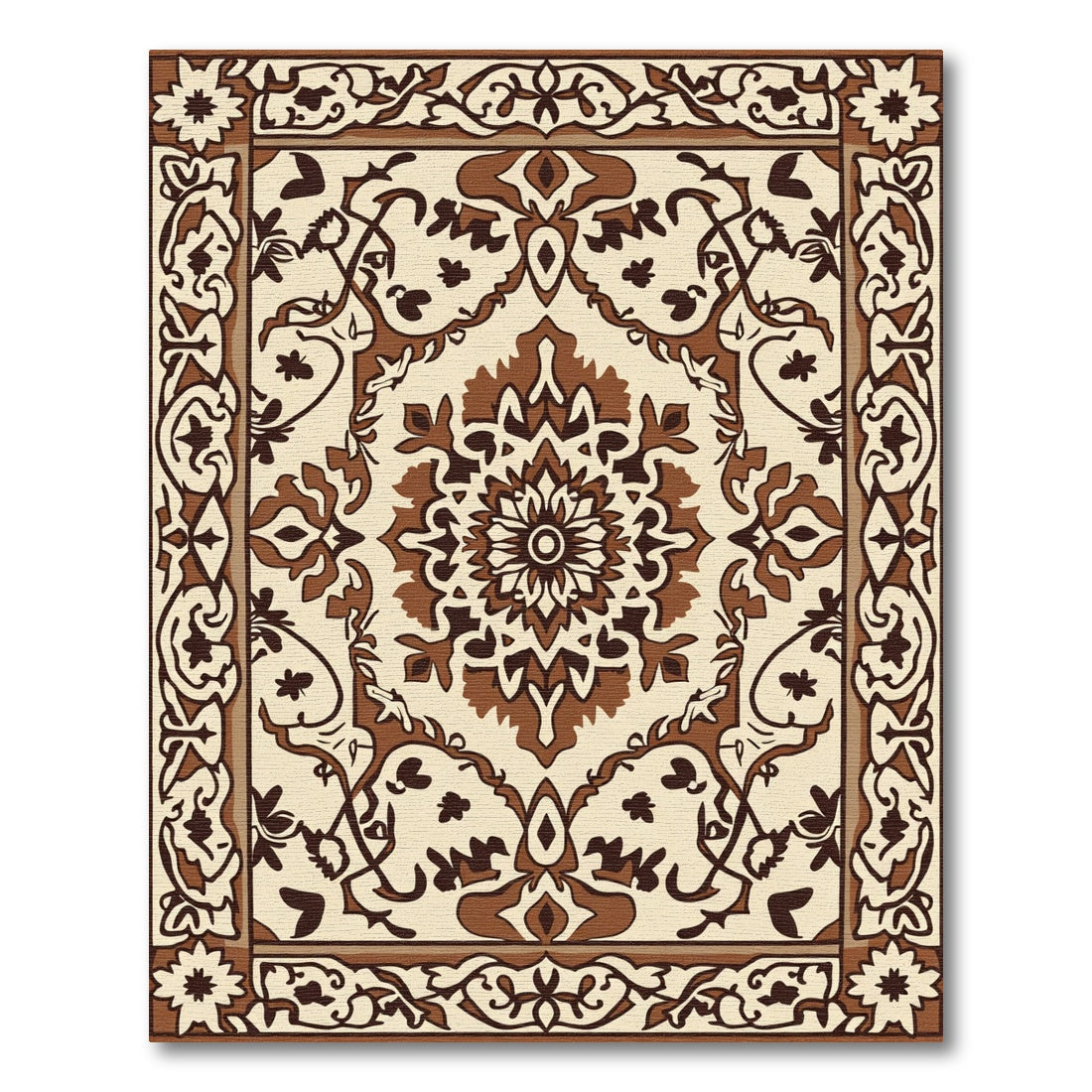 Ornate Brown and Cream Medallion Border Rug