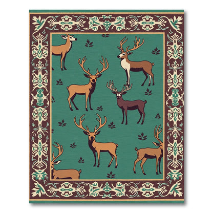 Forest Deer Emblematic Border Green Rug
