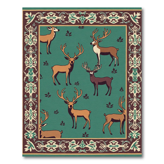 Forest Deer Emblematic Border Green Rug