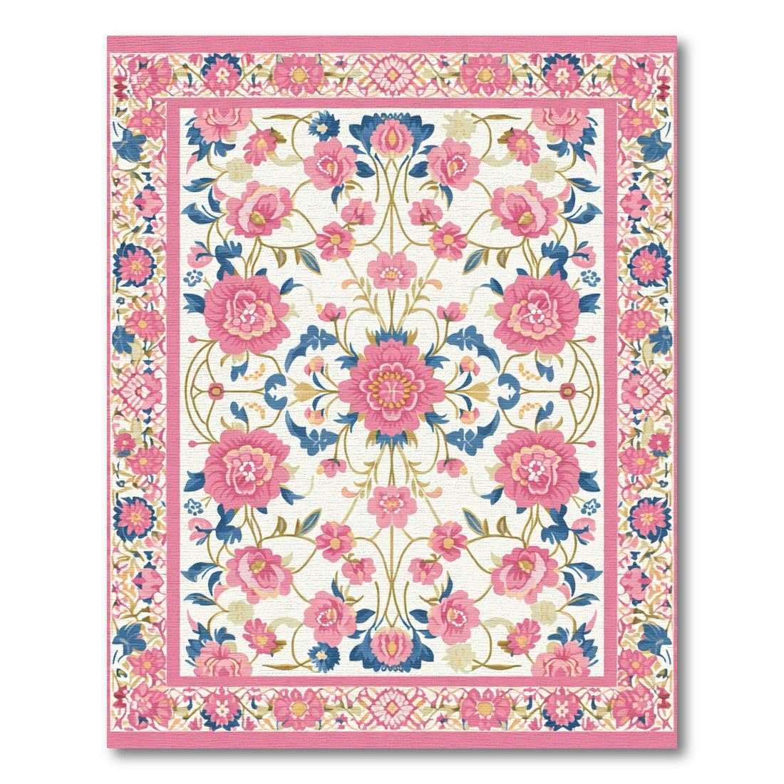 Vibrant Pink Blue Floral Medallion Arrangement Rug