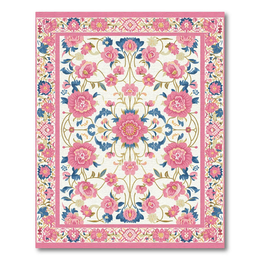Vibrant Pink Blue Floral Medallion Arrangement Rug