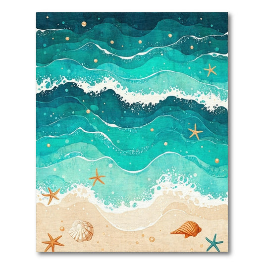 Teal Starry Waves Seashell Starfish Rug