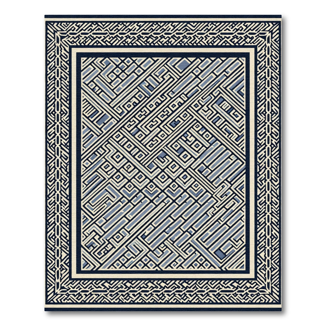 Navy Blue Geometric Maze Border Rug