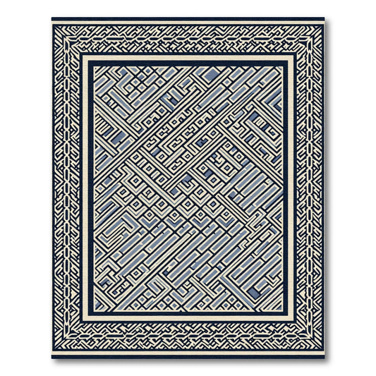 Navy Blue Geometric Maze Border Rug