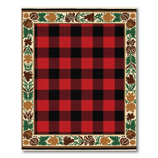 Red Black Plaid Botanical Border Rug