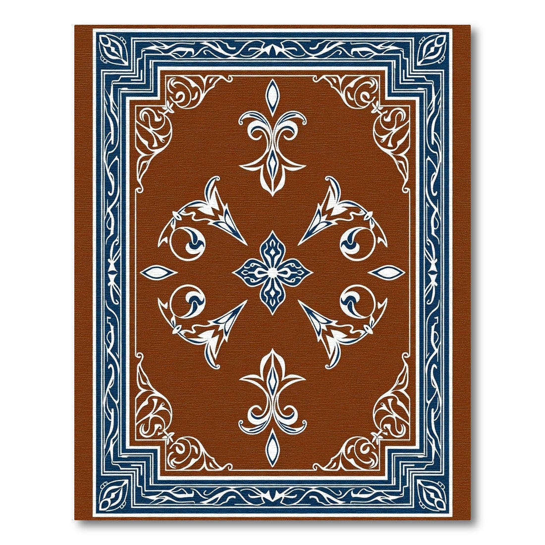 Ornate Brown Blue White Floral Medallion Rug