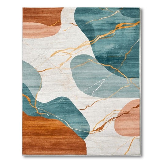Abstract Teal Terracotta Area Rug with Gold Accents