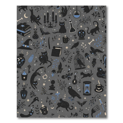 Mystical Black Cat Grey Washable Area Rug
