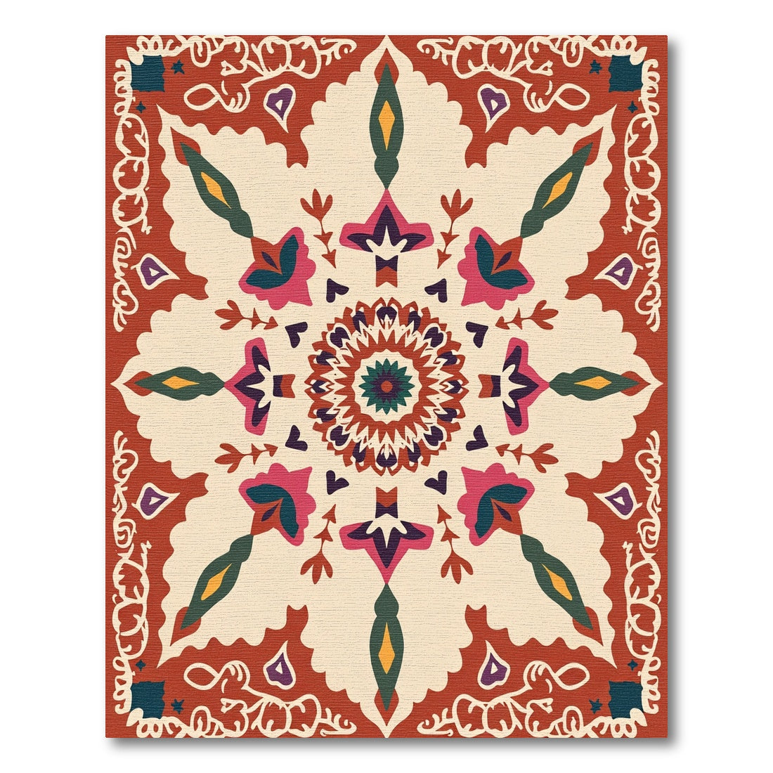 Terracotta Teal Floral Medallion Mandala Rug